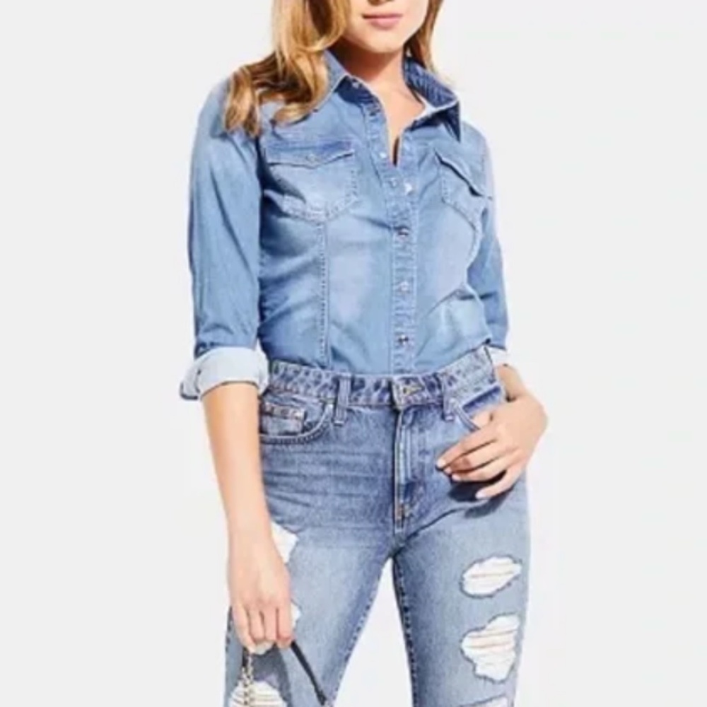 Vintage Guess Denim Western Chambray Snap Shirt - Picture 7 of 16